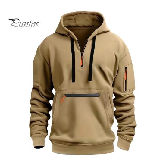 Осень-зима Мужская толстовка с капюшоном на молнии с декором из капюшона, с длинными рукавами, свободная, однотонная, с несколькими карманами, эластичными манжетами на шнурке, пуловер M хаки
