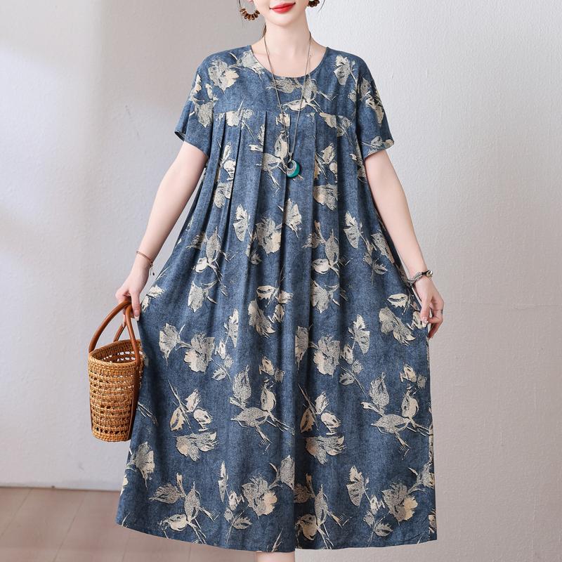Plus Size Loose Vintage Print Langes Kleid für Damen Lässige Kurzarm-Sommer-Damenkleider
