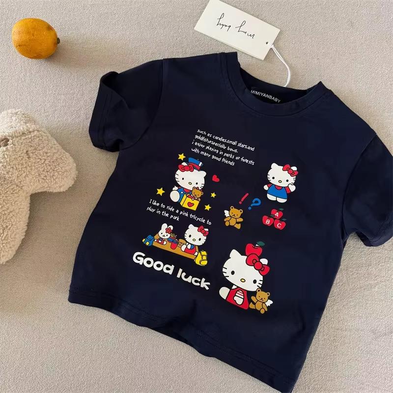 Cartoon Hellokitty Design Pattern Printed Children's Summer T-shirts Minimalist Casual Short Sleeve Round Neck Pullover Tops