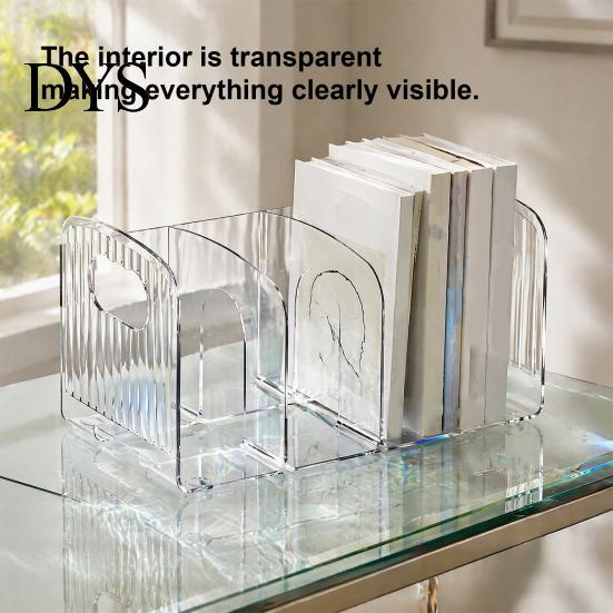 Desktop Document Storage Rack Clear Magazine Holder, 3/4-Compartment Desk Organizer, Vertical Bookend File Space Saving Book Stand for Students Sorter