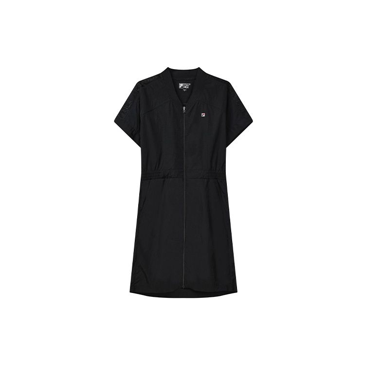 Fila Solid Color Logo Waist-Defined A-Line Loose Versatile Woven Short Sleeve Dress Women Dresses Black F11W238302F-BK