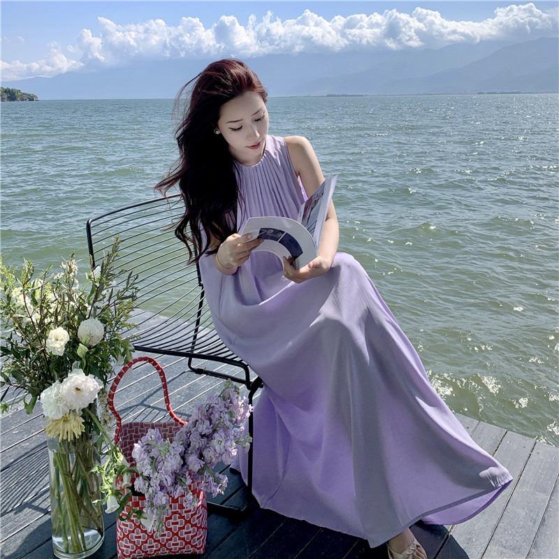 Summer New Sleeveless Casual Loose Purple Dress Women Fashion Plus Size A Line Beach Vacation Dresses Women Solid Pleated Round Neck Long Dress 26368