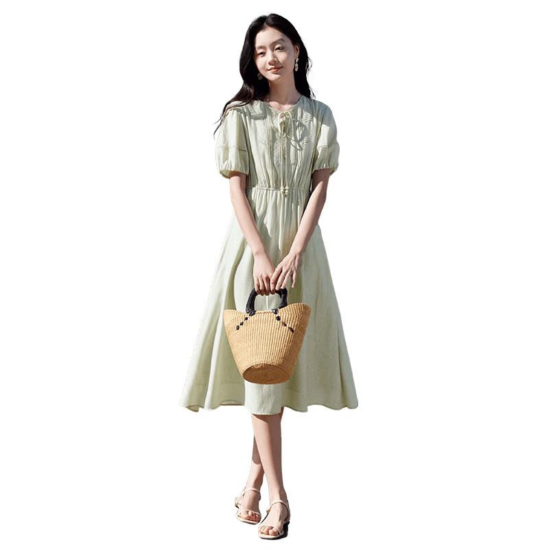 Xiangying Women s Puff Sleeve Hollow High-Waist Avocado Green Dress S