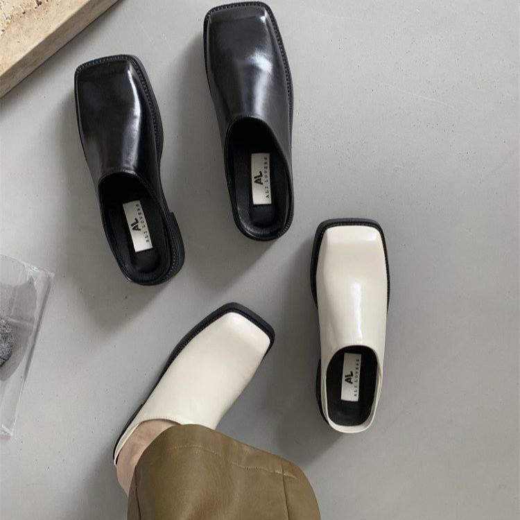 Fashion Women's closed toe shoes low heel square heel beige sandals mules platform loafers blocky black