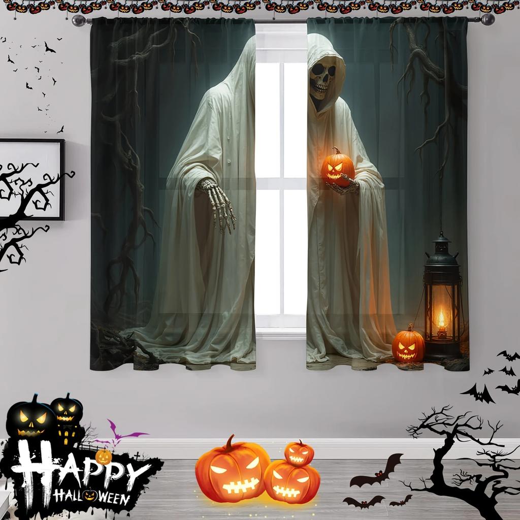 Halloween Skeleton Ghost Pocopied Flower Curtains Pole Bag Home Decorations Room Set Of 2 Made Polyester