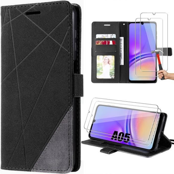 Coque - Samsung - Galaxy A05 - Noir - Effet Cuir Rétro - Antichoc avec Béquille Réglable