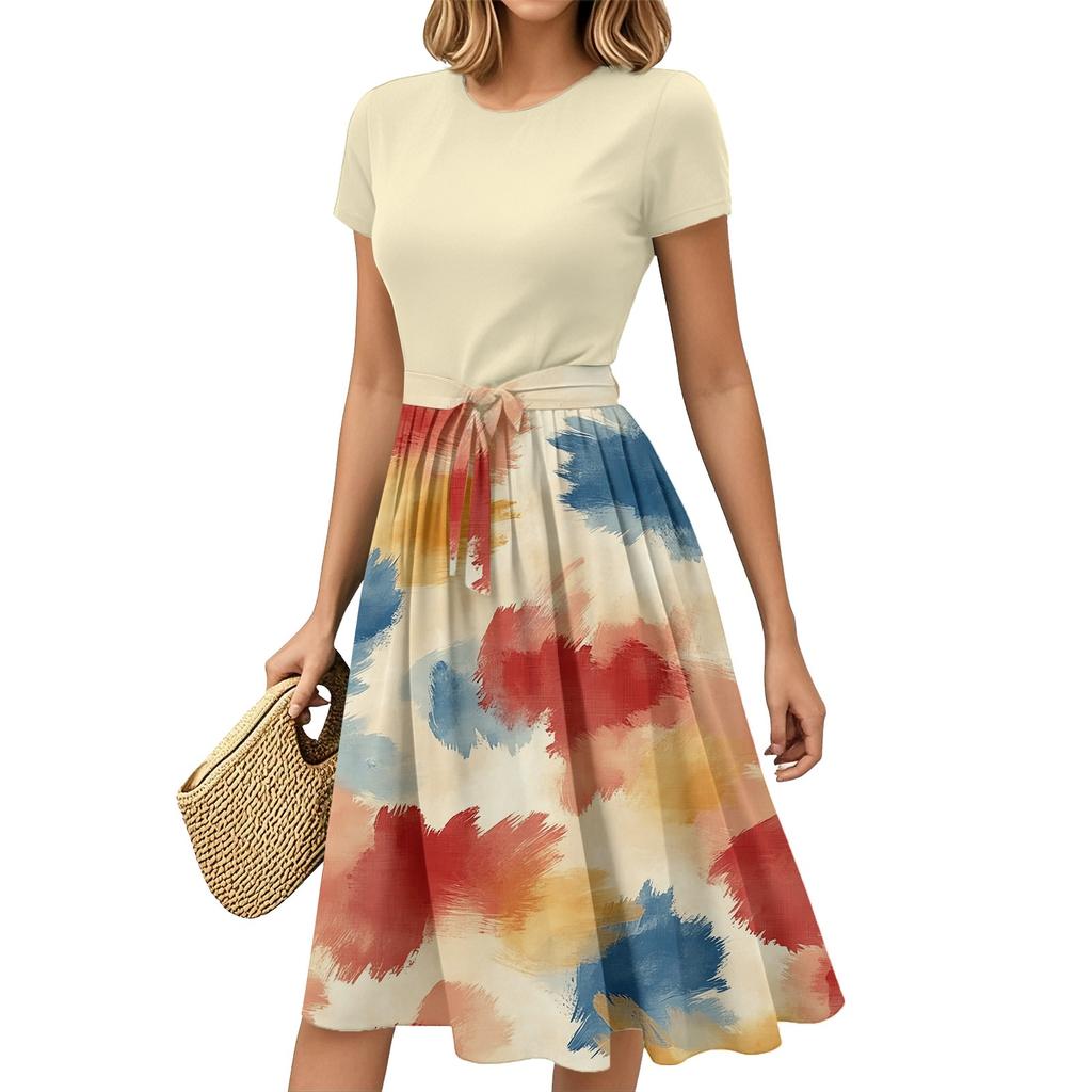 Women's Fashion Casual Belt Short Sleeve Round Neck Geometric Printing Splicing Elegant Temperament Dresses