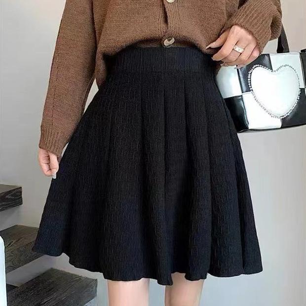 Dame Høy midje A-linjeskjørt Strikket kort skjørt Høst og vinter Hverdagslig plissert skjørt