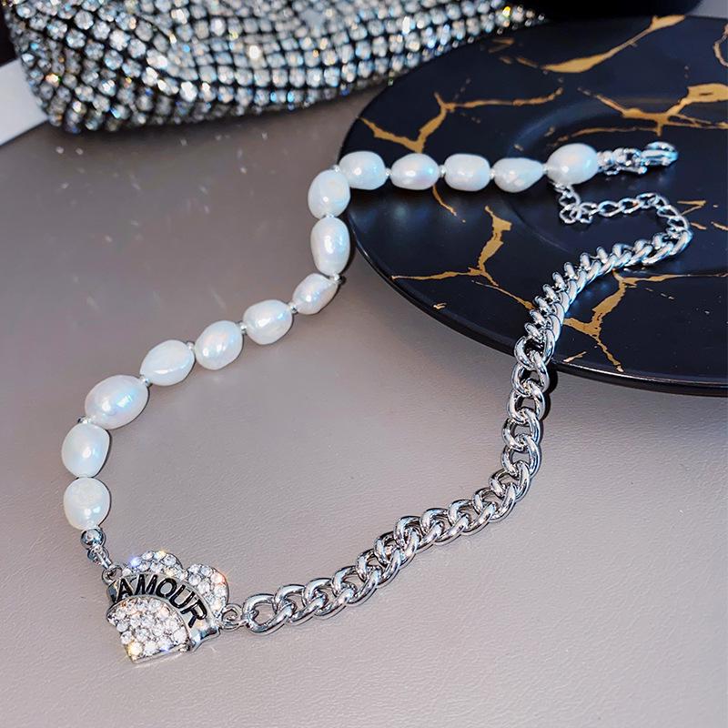 

Irregular Freshwater Pearl Choker with Diamond Heart Pendant and Spliced Chain