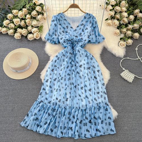 Fashion Dress for Women V Neck A-line Flounced Edge Printing Chiffon Vestidos Lace-up Folds Lining Dresses Summer