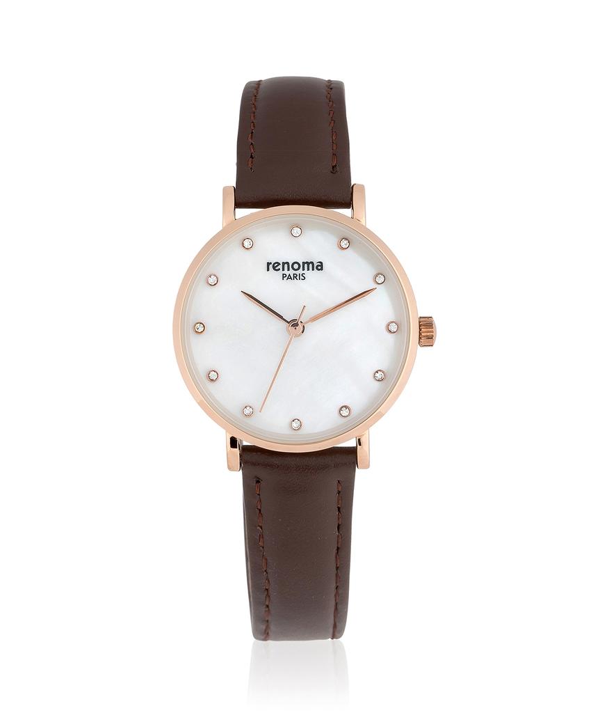 Lenomasigye Slim Cubic Mother-Of-Pearl Brown Women'S Leather Watch Re530Br