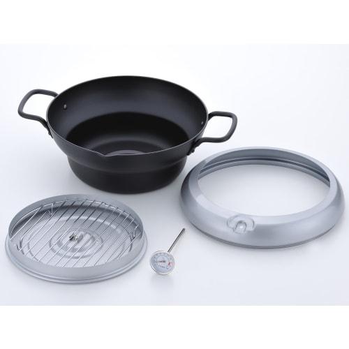 Wahei Freize Oil Splash Prevention Iron Tempura Pot 24cm with Lid Thermometer IH Compatible Gas Deep Fried Pot Tempura Oil Drainer Made in Japan Tenbo