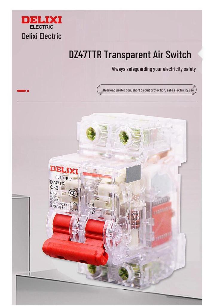 Delixi Transparent DZ47TR Mini Circuit Breaker 2P 40A/63A 220V Single-Phase Air Switch.