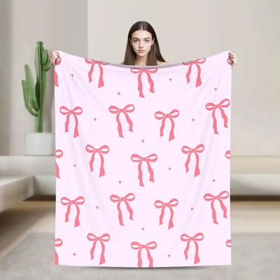 Pink Bow Fuzzy Blanket Warm Soft Plush Throw for Travel Airplane Outdoor Bed Cute Flannel Blanket for Gifts