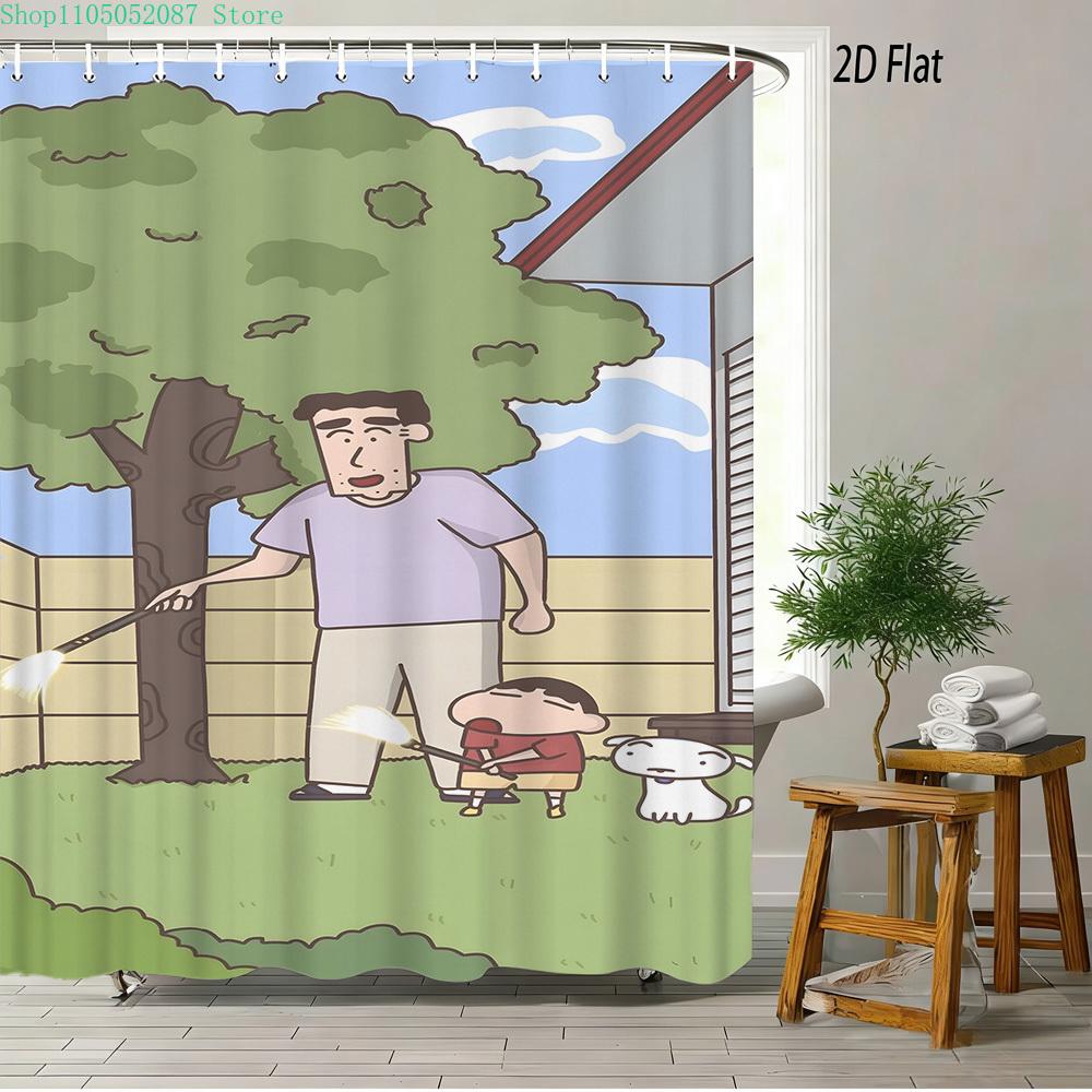 Crayon Shin-Chan Family & Friends Funny Scene 2D Print Waterproof Shower Curtain, Light Blue Bathroom Decor With Hooks