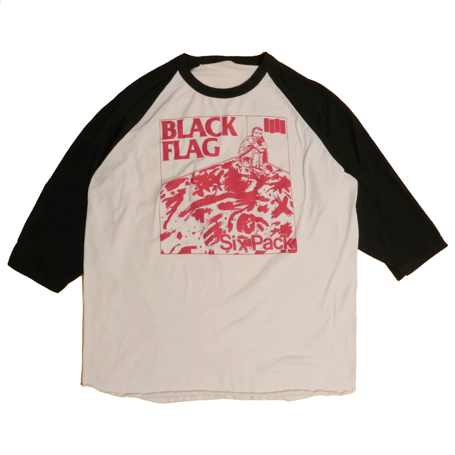 Black Flag Raglan Baseball Tee Raymond Pettibon Album Art Six Pack Vintage American Punk Rock Band Faded Off White Black Sleeve Shirt - L S