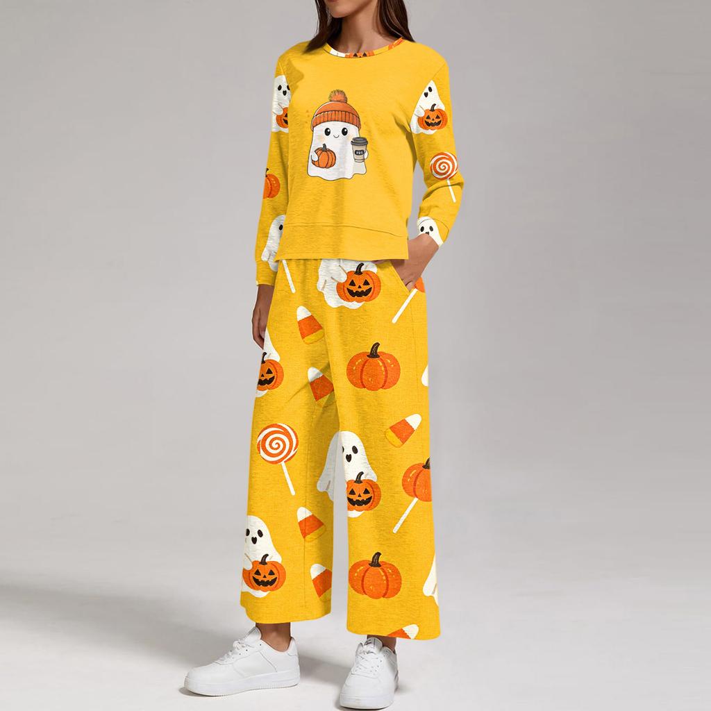 Women's Casual Round Neck Loose Fit Sweatshirt and Pants Set with Halloween Print Hem Slit for Halloween
