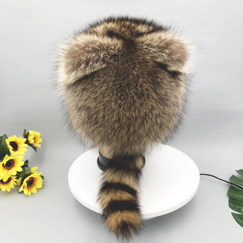Fluffy Raccoon Fur Hat Women Winter Warm Outdoor Brim Ear Fur Cap Tail Girl Boys Funny Hats