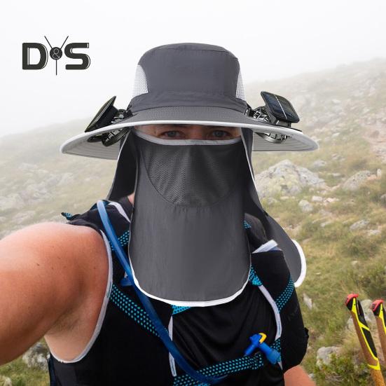 Sonnenhut mit breiter Krempe und 2 Solarventilatoren, UV-Schutz, Fischerhut mit Nackenklappe und Gesichtsschutz, 3-fach verstellbarer Ventilatorhut für Outdoor-Angeln und Camping