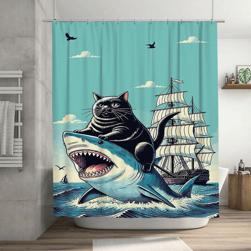 Whimsical Shower Curtain Featuring Black Cat Riding Shark Vintage Sailboat Perfect for Nautical Themed Bathrooms