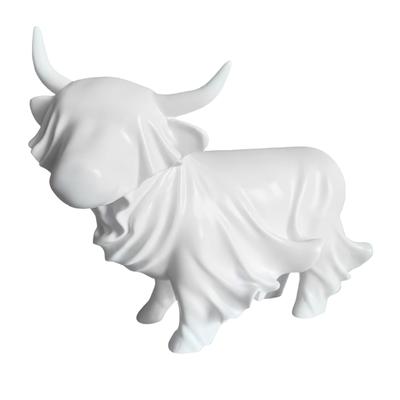 Halloween Draped Ghostly High Land Cow Animal Figurine for Desk and Shelf Decors, White Resin Sculpture with Horn Detail for Display Corner and Study