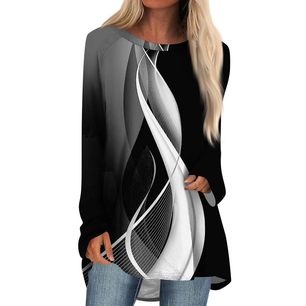 Women's Fashion Casual Long Sleeve  Print Round Neck Pullover Top Blouse