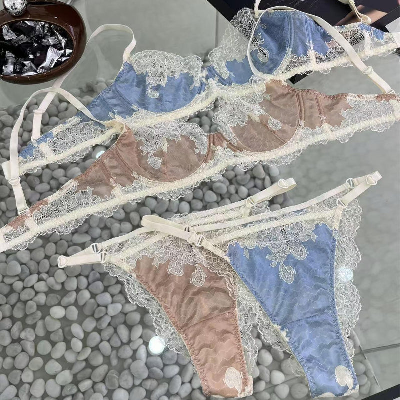 Summer New Large Chest Minimizer Gathered Ultra Thin Lace Women's Underwear Set  Bra Bras & Bra Sets