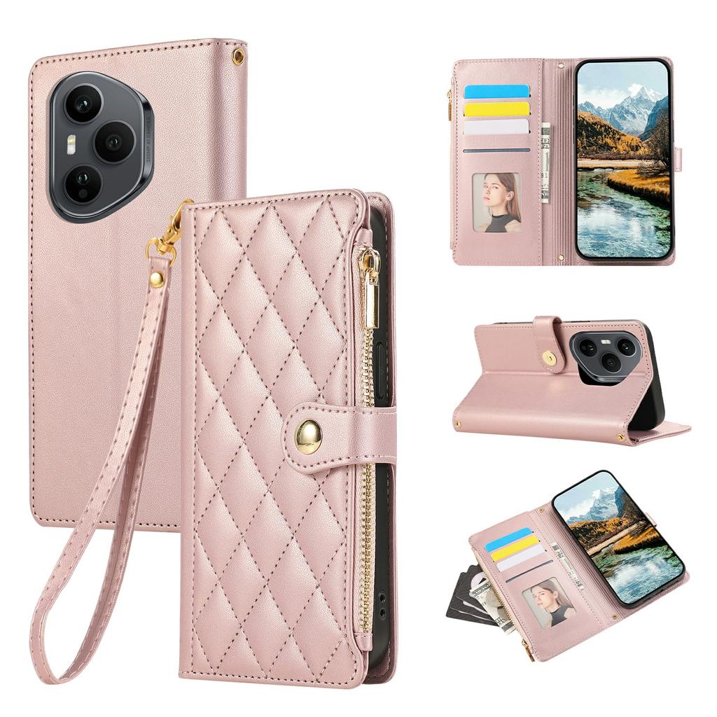 For Honor 400 Pro 5G (Global) Case Multi Card Slots Zipper Rhombus Leather Phone Cover with Wrist Strap