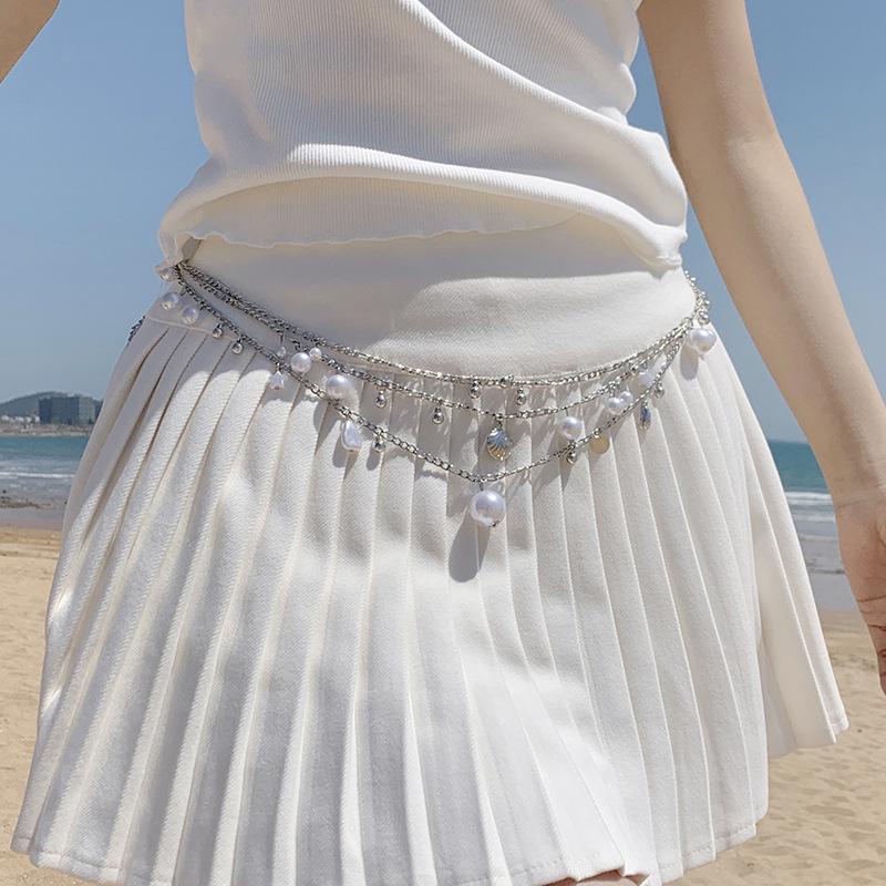 

Жемчужная цепочка на талию, многослойная цепочка с подвеской из ракушек, с дизайнерскими аксессуарами для платья, премиальный ремень серебряный