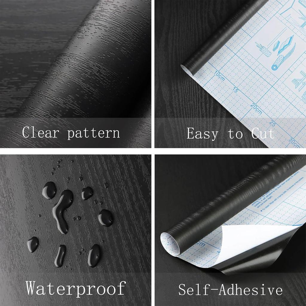 Black Thicken Contact Paper Wood Peel and Stick Wall Sticker Vinyl Waterproof Self Adhesive Wallpaper Removable for Wall in R