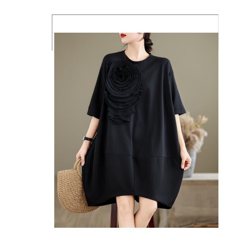 DIMANAF New 2026 Women Plus Size Summer Short Dress Loose Oversize Maxi Elegant Lady Floral Black Dress Sundress Beach