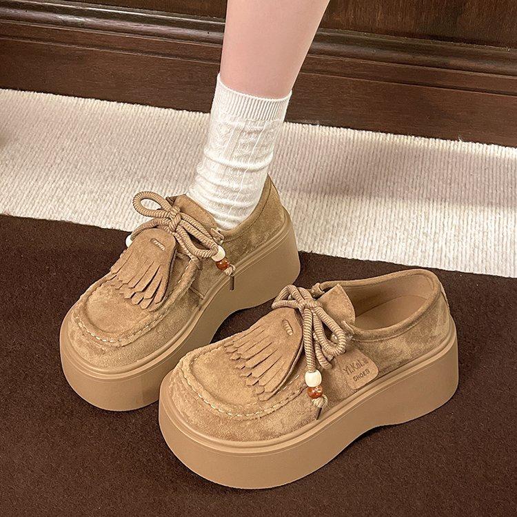 [Armano] Platform Women's All-inclusive Lace-up Heightening Kangaroo Shoes Summer and Autumn 2025 New Loafers Small Leather Shoes