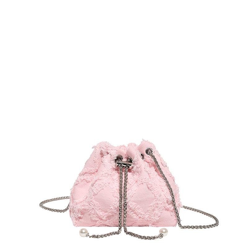 2025 autumn new drawstring tassel denim rhombus women's bag European and American trend simple shoulder bucket messenger bag