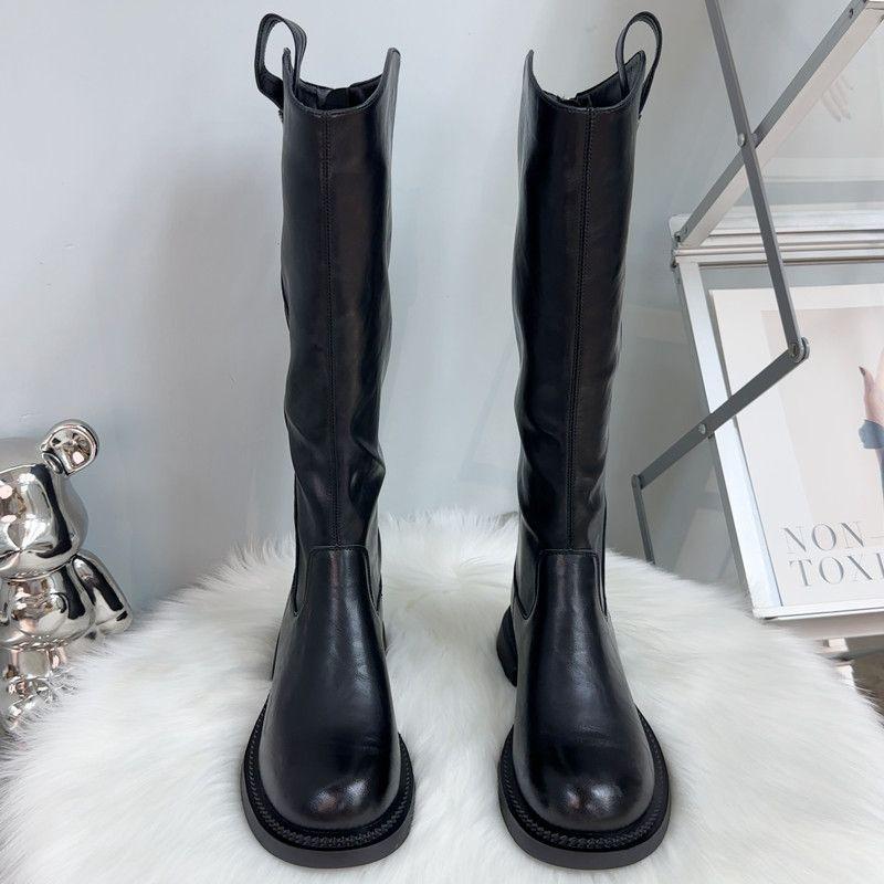 Lange Stiefel Damen Flacher Boden Höhenverstellbar Herbst Neu Britischer Stil Hoher Schaft Dünn Reißverschluss Hinten Ritterstiefel