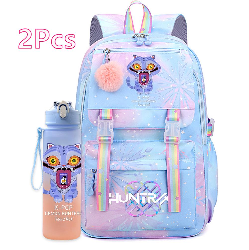 2Pcs/set New Anime Kpop Printed Backpack with 750Ml Water Bottler Large Capacity Travel Bag for Teenager Girl Boy Bookbag Kid Gift Large Capacity Bag