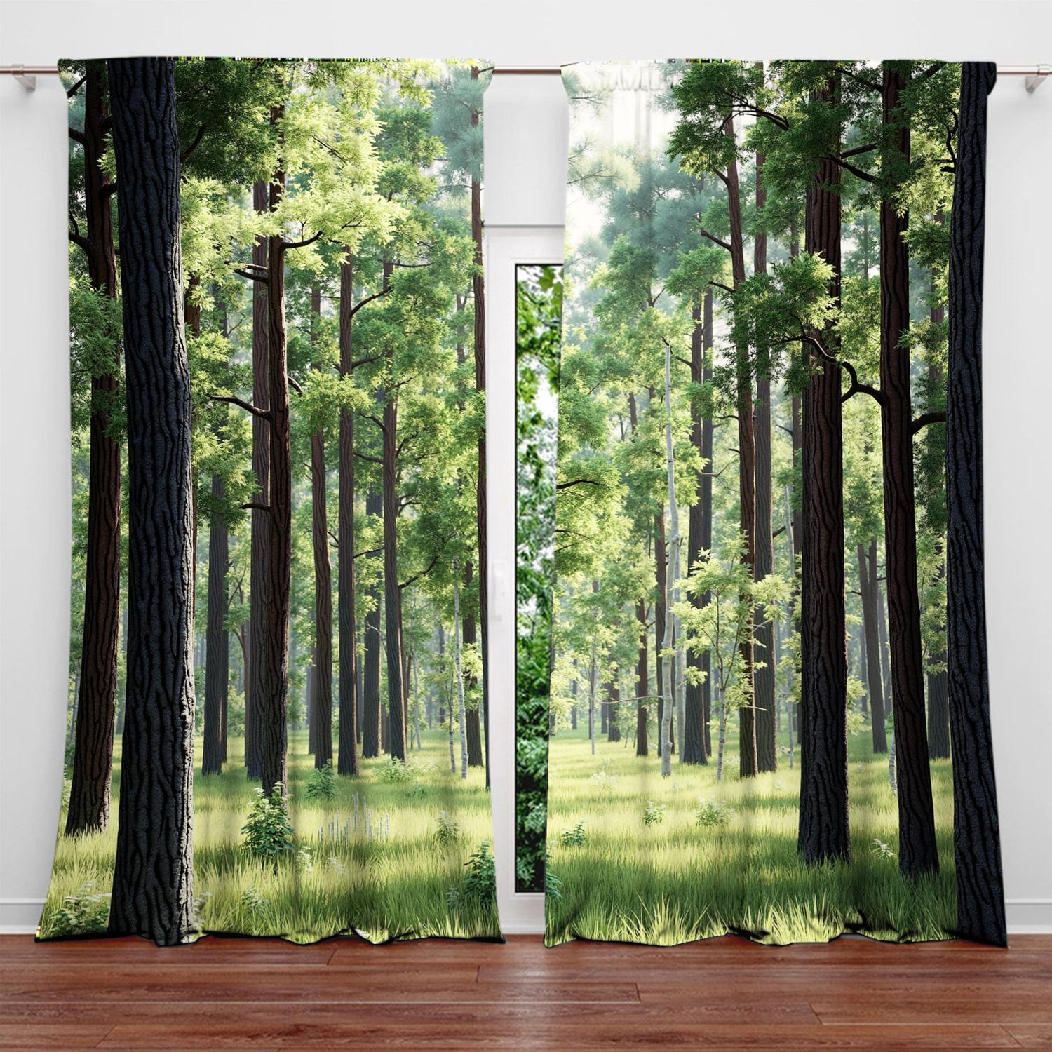 Tonnika Chen Green Set Of 2 Healing Forest Pattern Curtains Distinctive Printed Suitable Gifting Family Friends Curtain Polyester
