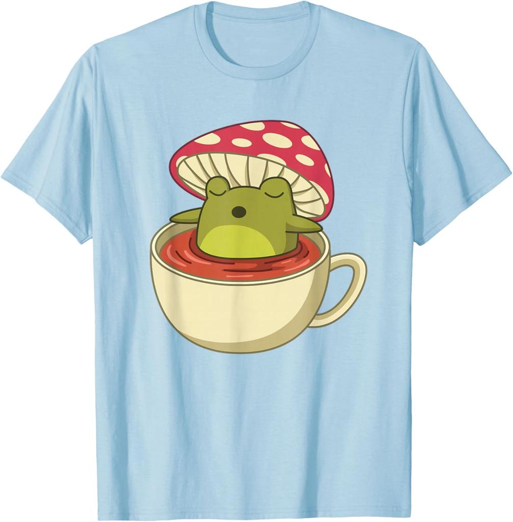 Cottagecore Frog In Tea Cup Mushroom Aesthetic Graphic Tee Shirt Casual Short Sleeve