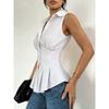 Womens Sleeveless Peplum Shirt With Collar And Button Down Detail Fitted Waist Casual Office Blouse
