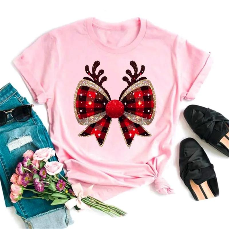 Fashion Reindeer Antlers Bow Plaid Women T Shirt Funny Graphic Christmas Party Outfit Harajuku Casual FeUnisex Clothes Tees