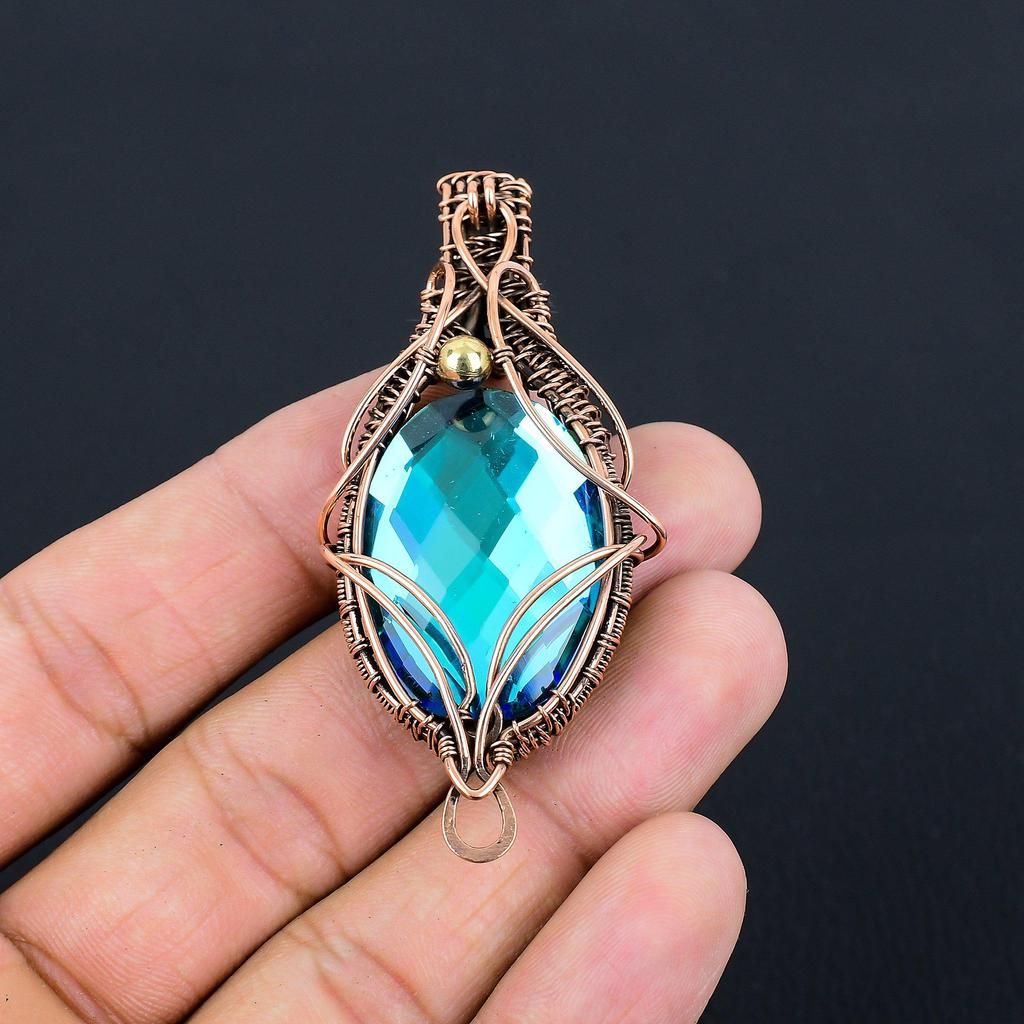 Blue Mystic Topaz Gemstone Handmade Pure Copper Wire Wrapped Pendant Jewelry