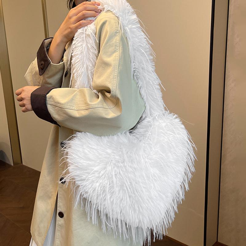 Women Fluffy Shoulder Bag Commuting Shopping Outdoor Travel Crossbody Bags Fashion Portable Female Heart Tote
