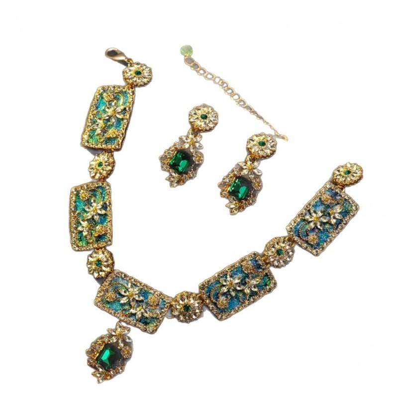 Socialite Temperament Grandmother Green Water Necklace Earring Set Light Luxury Fashion High-end Elegant Accessories Cross-border