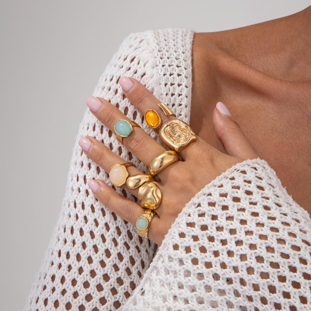 5pcs/7pcs Irregular Chunky Smooth Rings Vintage Retro Metal Ring  Matchable Jewelry