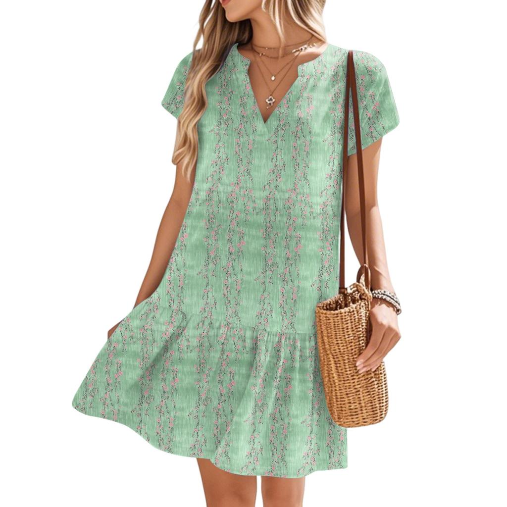 Women's Dresses Short Sleeve V-Neck Floral Printed Loose Casual Temperament Beach Dresses