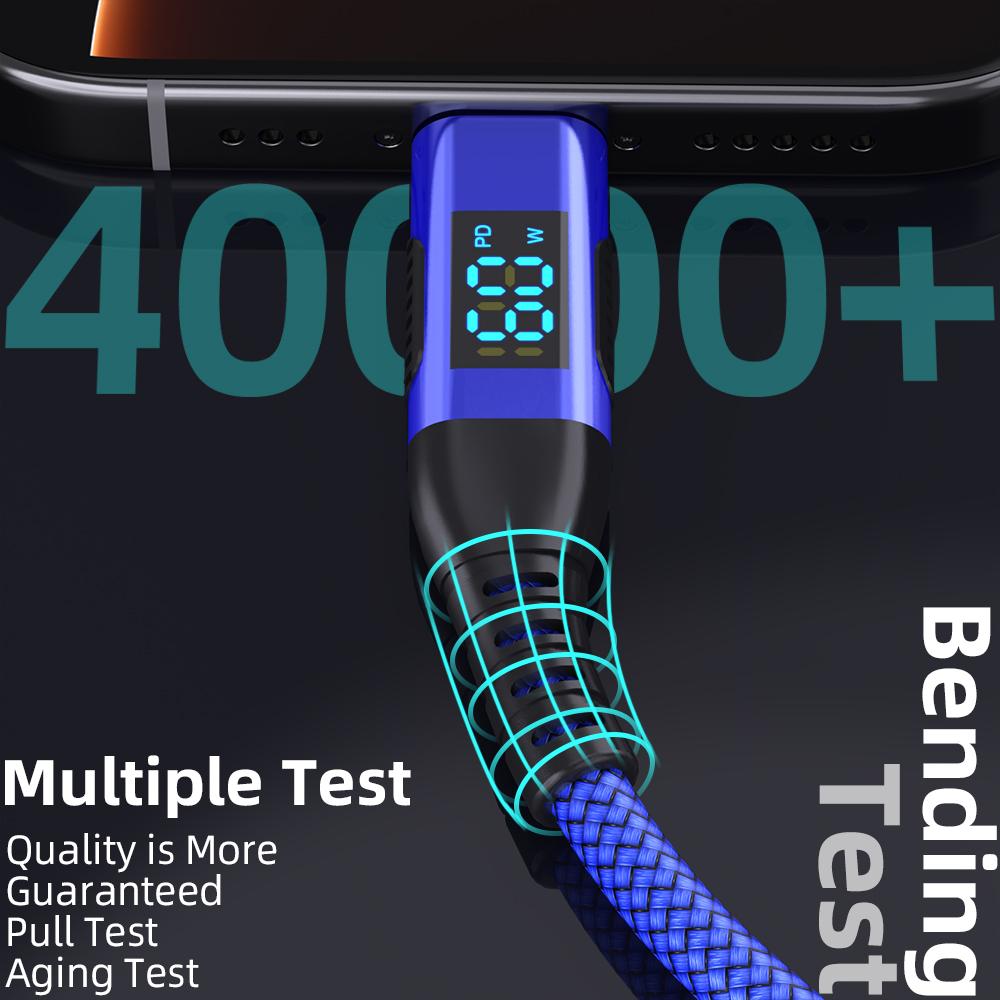 1m USB-C To USB-C Cable Digital Display 3A/20V 60W Fast Charging Braided Data Cord for Smartphones Tablets
