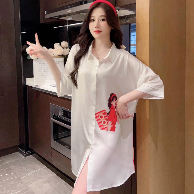 Japanese Ice Silk Red Print Nightdress - Sexy, Lightweight, Summer-Ready Pajamas for Women