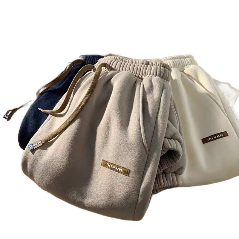 Lambskin and Fleece Sweatpants for Women, Versatile for Autumn and Winter, Thick and Warm Pants, New Design Sense, Niche Sportswear Pants