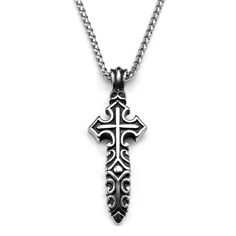 Vintage Gothic Punk Knight Sword Cross Pendant Necklace for Women Men Stainless Steel Silver Color Knife Chain Jewelry Gift