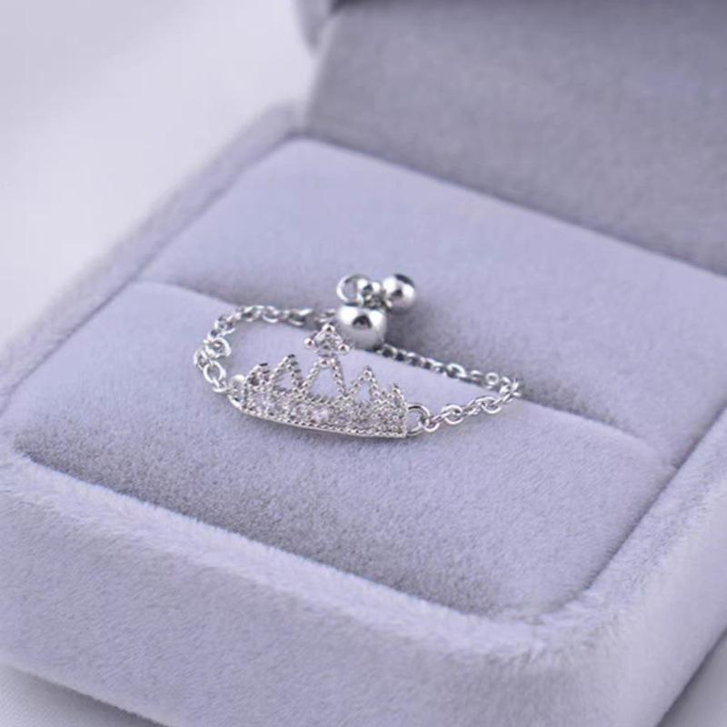

Korean Fashion Women s Chain Ring with Diamond Studs Silver Crown Pull-out Ring