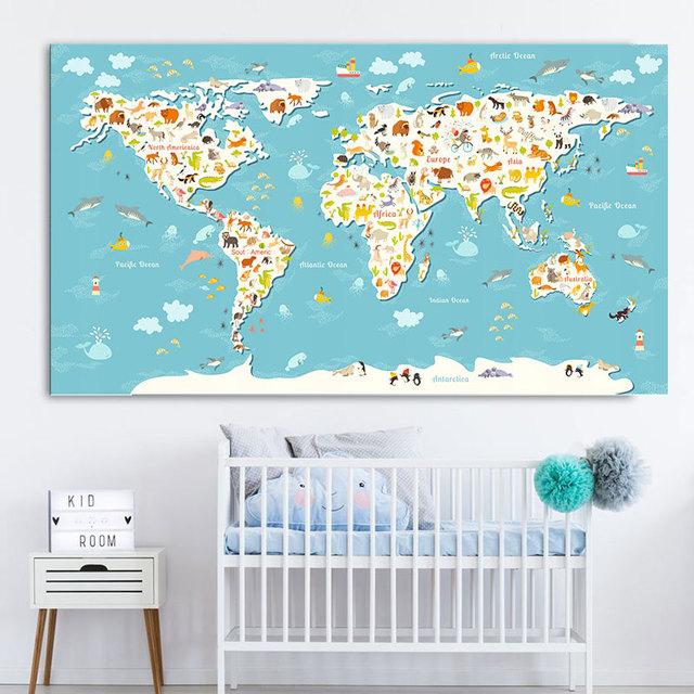 Cartoon Ocean Animal World Map Wall Art Canvas Painting Nordic Posters And Prints Nursery Wall Pictures For Kids Room Decoration